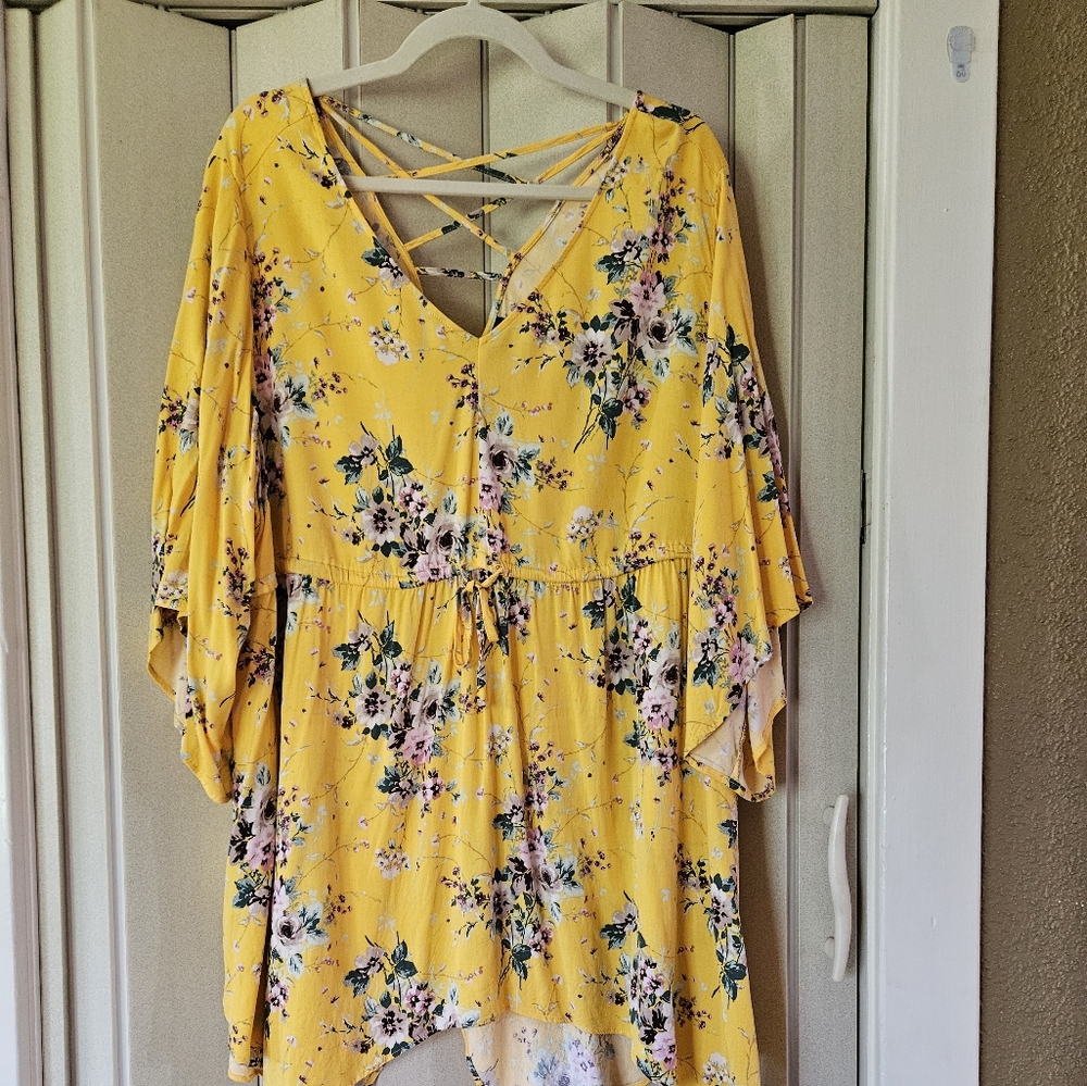 Torrid Yellow Floral Blouse with Lace-Up Detail